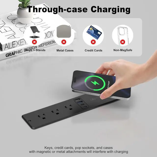 Alt view image 5 of 7 - 8 in 1 Recessed Power Strip with 15W Wireless Charger, 20W Fast Charging Furniture Outlet, Plug in 3 AC Outlets & 4 USB Ports Flush Mount, 6FT Cord