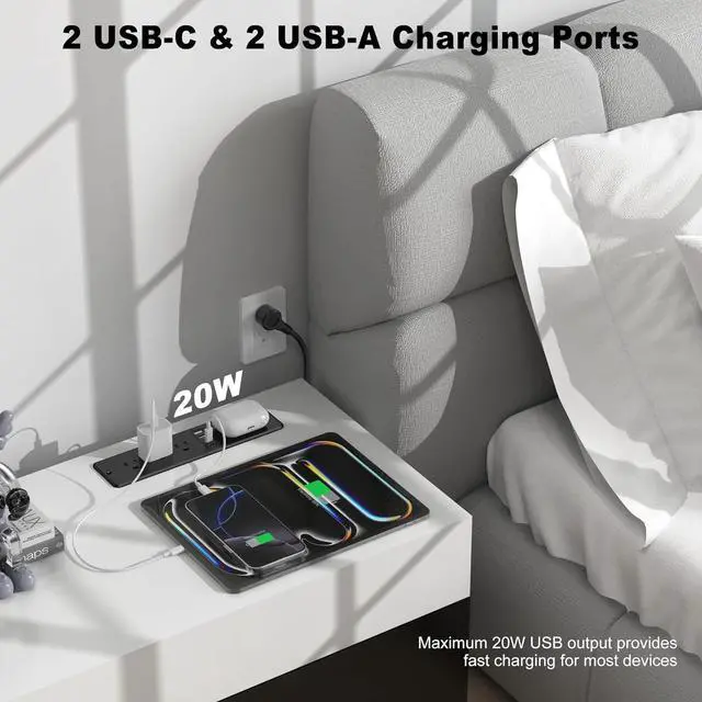 Alt view image 3 of 7 - 8 in 1 Recessed Power Strip with 15W Wireless Charger, 20W Fast Charging Furniture Outlet, Plug in 3 AC Outlets & 4 USB Ports Flush Mount, 6FT Cord