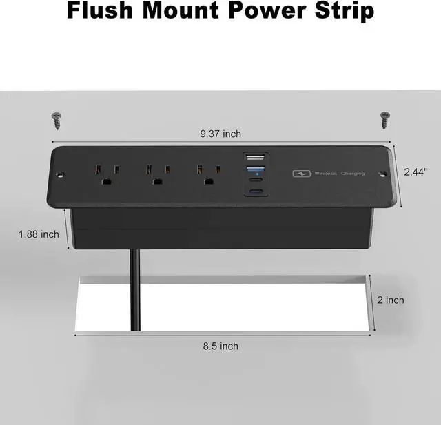 Alt view image 7 of 7 - 8 in 1 Recessed Power Strip with 15W Wireless Charger, 20W Fast Charging Furniture Outlet, Plug in 3 AC Outlets & 4 USB Ports Flush Mount, 6FT Cord