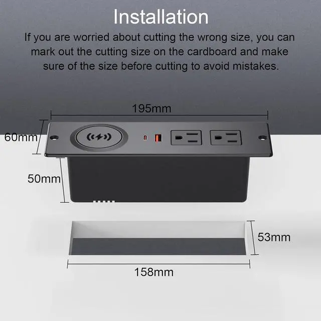 Alt view image 6 of 7 - Recessed Power Strip with 15W Wireless Charger, Flush Mount Power Strip with 2 Outlets, 2 USB, and 6.56FT Flat Plug Cable, Furniture Recessed Outlet for Drawer, End Table, Sofa, Cabinet