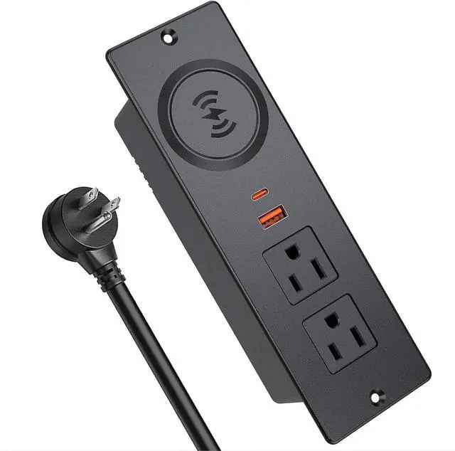 Main image of Recessed Power Strip with 15W Wireless Charger, Flush Mount Power Strip with 2 Outlets, 2 USB, and 6.56FT Flat Plug Cable, Furniture Recessed Outlet for Drawer, End Table, Sofa, Cabinet