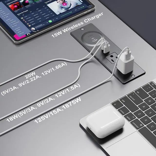 Alt view image 3 of 7 - Recessed Power Strip with 15W Wireless Charger, Flush Mount Power Strip with 2 Outlets, 2 USB, and 6.56FT Flat Plug Cable, Furniture Recessed Outlet for Drawer, End Table, Sofa, Cabinet