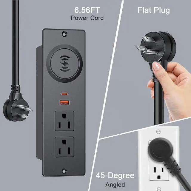 Alt view image 4 of 7 - Recessed Power Strip with 15W Wireless Charger, Flush Mount Power Strip with 2 Outlets, 2 USB, and 6.56FT Flat Plug Cable, Furniture Recessed Outlet for Drawer, End Table, Sofa, Cabinet
