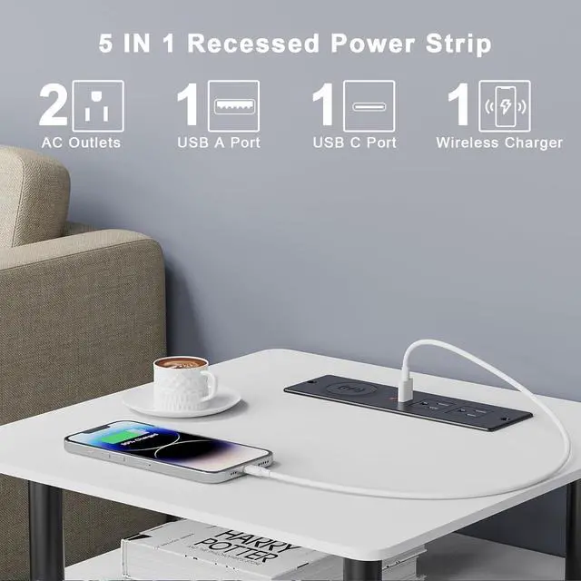 Alt view image 2 of 7 - Recessed Power Strip with 15W Wireless Charger, Flush Mount Power Strip with 2 Outlets, 2 USB, and 6.56FT Flat Plug Cable, Furniture Recessed Outlet for Drawer, End Table, Sofa, Cabinet