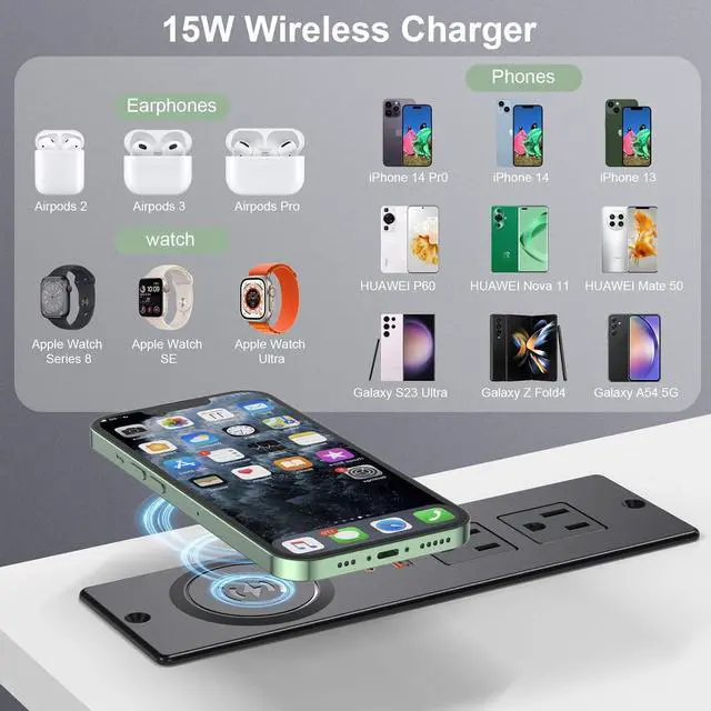 Alt view image 5 of 7 - Recessed Power Strip with 15W Wireless Charger, Flush Mount Power Strip with 2 Outlets, 2 USB, and 6.56FT Flat Plug Cable, Furniture Recessed Outlet for Drawer, End Table, Sofa, Cabinet