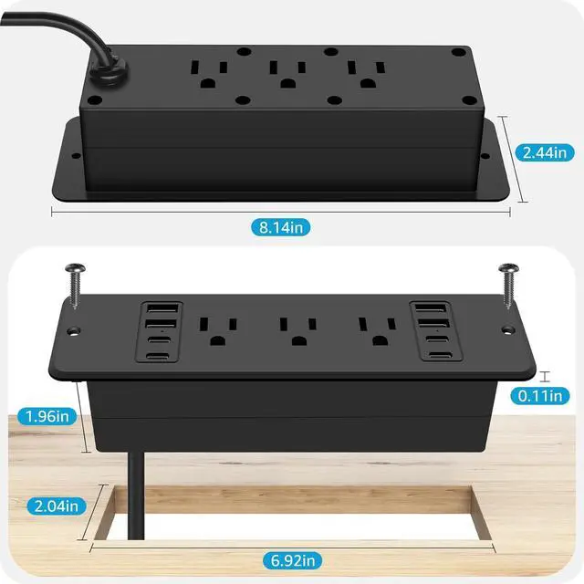 Alt view image 5 of 7 - 14 in 1 Fast Charging Recessed Power Strip, 45W Furniture Power Outlet, Flush Mount Surge Protection with 6 AC Plugs, 4 USB-A and 4 USB-C, 10ft Power Cord. (Black)