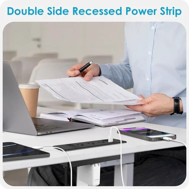 Alt view image 3 of 7 - 14 in 1 Fast Charging Recessed Power Strip, 45W Furniture Power Outlet, Flush Mount Surge Protection with 6 AC Plugs, 4 USB-A and 4 USB-C, 10ft Power Cord. (Black)