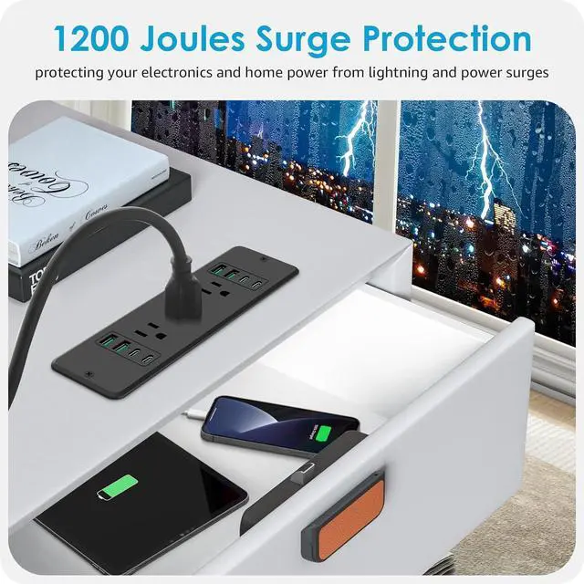 Alt view image 4 of 7 - 14 in 1 Fast Charging Recessed Power Strip, 45W Furniture Power Outlet, Flush Mount Surge Protection with 6 AC Plugs, 4 USB-A and 4 USB-C, 10ft Power Cord. (Black)