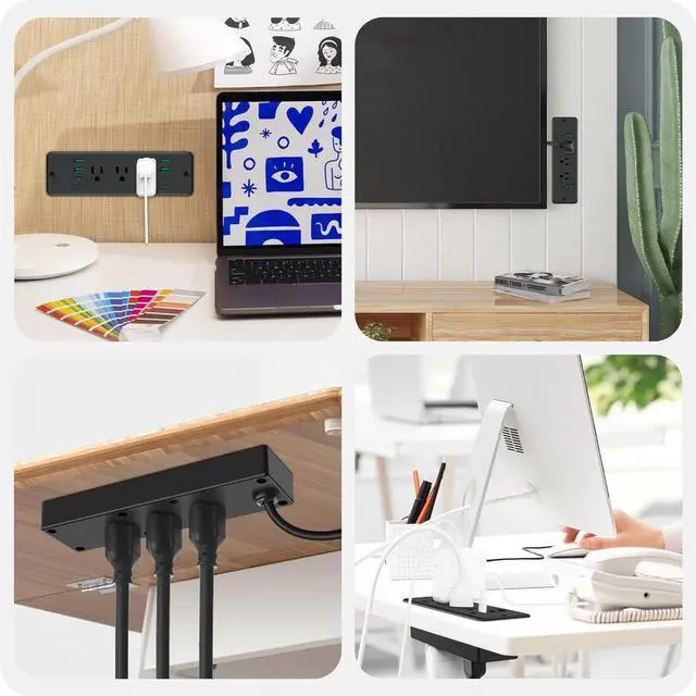 Alt view image 6 of 7 - 14 in 1 Fast Charging Recessed Power Strip, 45W Furniture Power Outlet, Flush Mount Surge Protection with 6 AC Plugs, 4 USB-A and 4 USB-C, 10ft Power Cord. (Black)