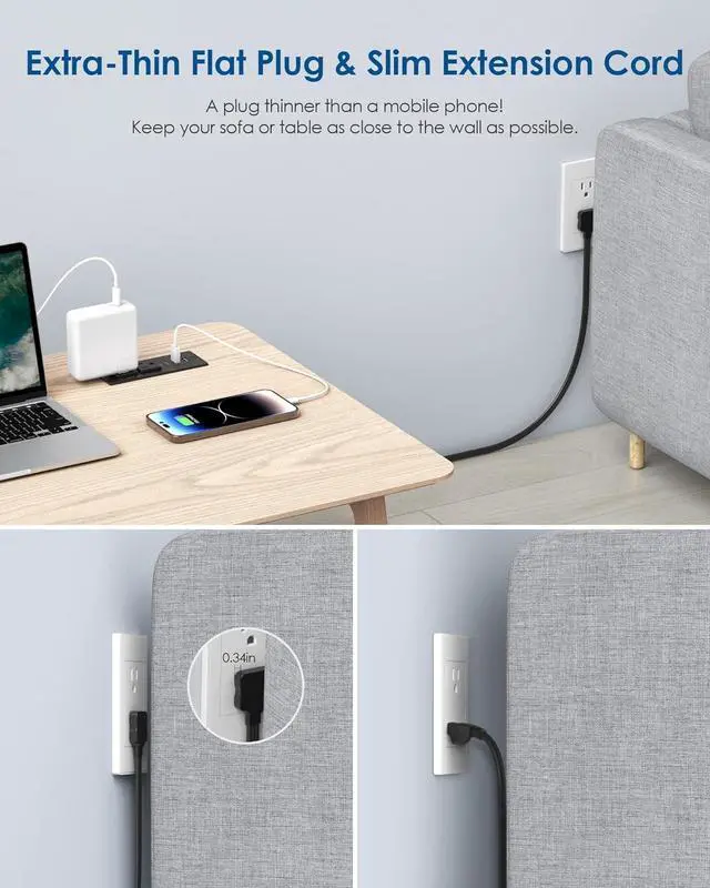 Alt view image 3 of 7 - Recessed Power Strip with 30W USB C,Ultra Thin Flat Plug Power Strip,2 Outlets 4 USB Ports,Furniture Flush Mount Desk Outlet,Recessed Outlet for Side Table/Sofa Table,6ft Cord (Black)