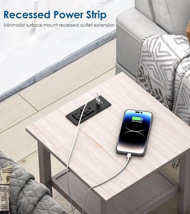 Alt view image 5 of 7 - Recessed Power Strip with 30W USB C,Ultra Thin Flat Plug Power Strip,2 Outlets 4 USB Ports,Furniture Flush Mount Desk Outlet,Recessed Outlet for Side Table/Sofa Table,6ft Cord (Black)