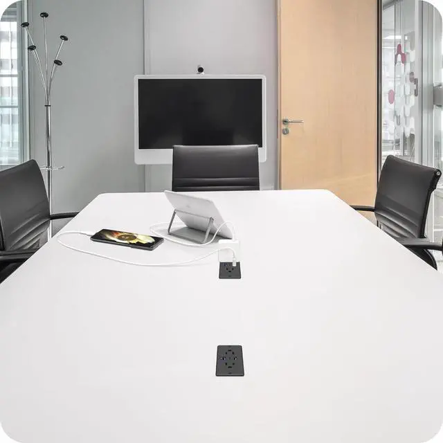 Alt view image 4 of 7 - 5 in 1 Recessed Power Strip Flat Plug, 65W Fast Charging Furniture Outlet with USB, Conference Recessed Socket with 2 AC Plugs, 2 USB Ports 1 USB-C, 6ft Power Cord. (Black)