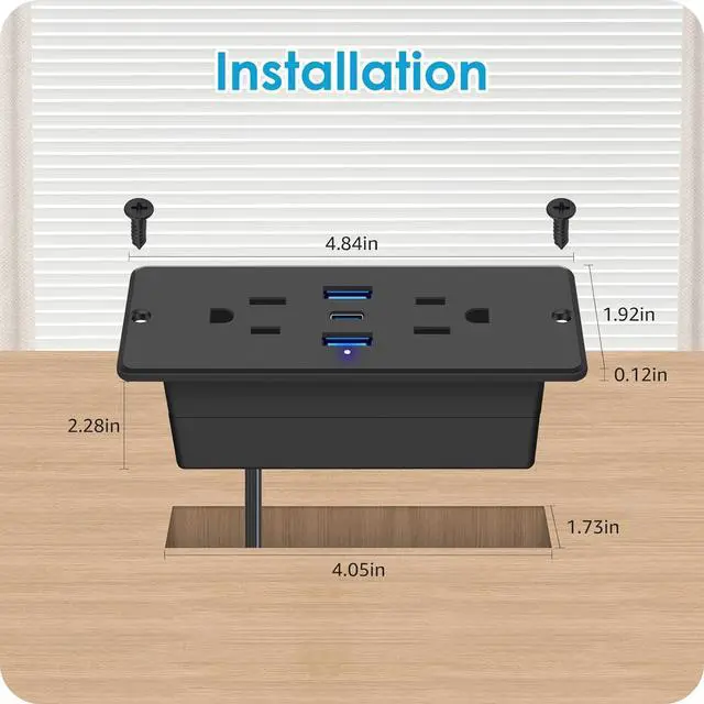Alt view image 3 of 7 - 5 in 1 Recessed Power Strip Flat Plug, 65W Fast Charging Furniture Outlet with USB, Conference Recessed Socket with 2 AC Plugs, 2 USB Ports 1 USB-C, 6ft Power Cord. (Black)
