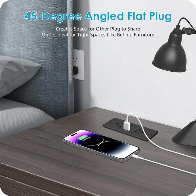 Alt view image 5 of 7 - 5 in 1 Recessed Power Strip Flat Plug, 65W Fast Charging Furniture Outlet with USB, Conference Recessed Socket with 2 AC Plugs, 2 USB Ports 1 USB-C, 6ft Power Cord. (Black)