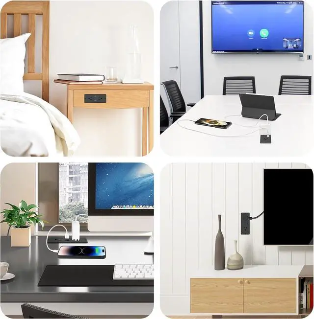 Alt view image 7 of 7 - 5 in 1 Recessed Power Strip Flat Plug, 65W Fast Charging Furniture Outlet with USB, Conference Recessed Socket with 2 AC Plugs, 2 USB Ports 1 USB-C, 6ft Power Cord. (Black)