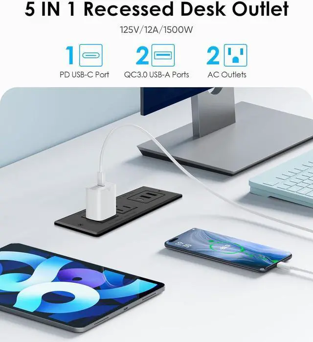 Alt view image 2 of 7 - Recessed Power Strip, Flush Mounted Drawer Outlet with PD 20W Fast Charging USB-C Ports, Recessed Outlet for Conference Rooms, Office Tables, Furniture, 6.5FT Cord (ETL Listed)