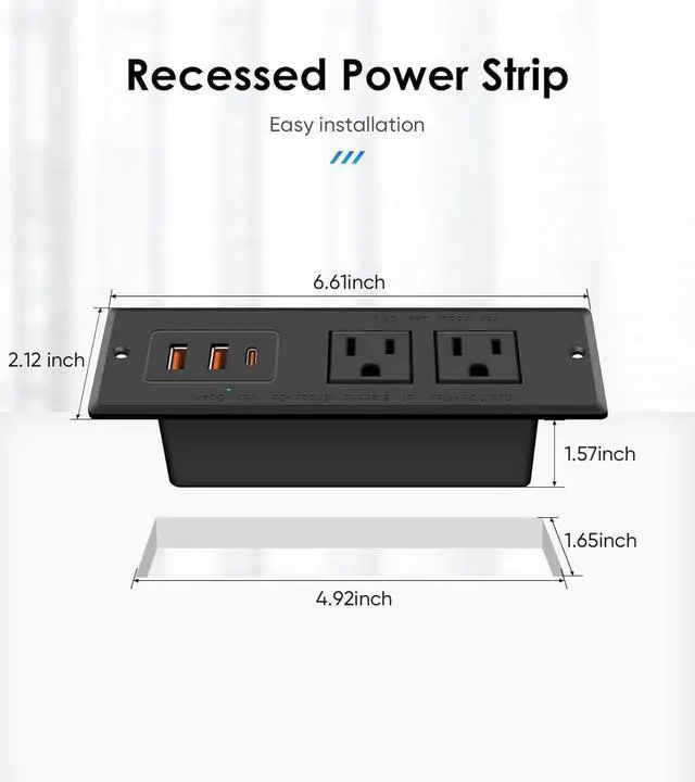 Alt view image 7 of 7 - Recessed Power Strip, Flush Mounted Drawer Outlet with PD 20W Fast Charging USB-C Ports, Recessed Outlet for Conference Rooms, Office Tables, Furniture, 6.5FT Cord (ETL Listed)