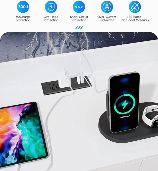 Alt view image 4 of 7 - Recessed Power Strip, Flush Mounted Drawer Outlet with PD 20W Fast Charging USB-C Ports, Recessed Outlet for Conference Rooms, Office Tables, Furniture, 6.5FT Cord (ETL Listed)