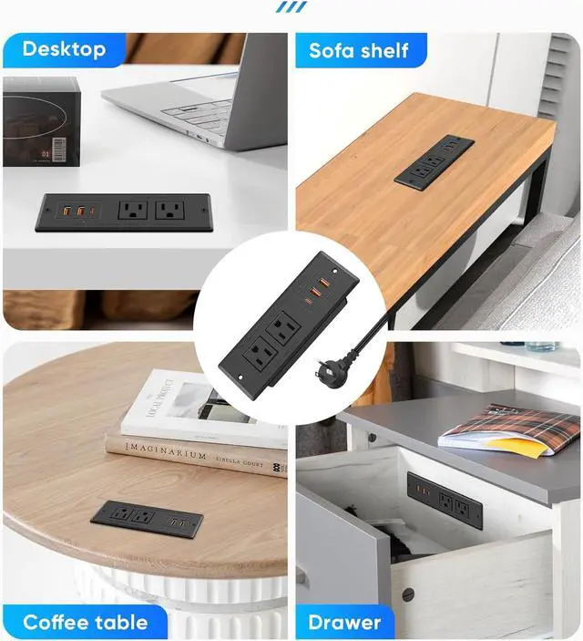 Alt view image 6 of 7 - Recessed Power Strip, Flush Mounted Drawer Outlet with PD 20W Fast Charging USB-C Ports, Recessed Outlet for Conference Rooms, Office Tables, Furniture, 6.5FT Cord (ETL Listed)