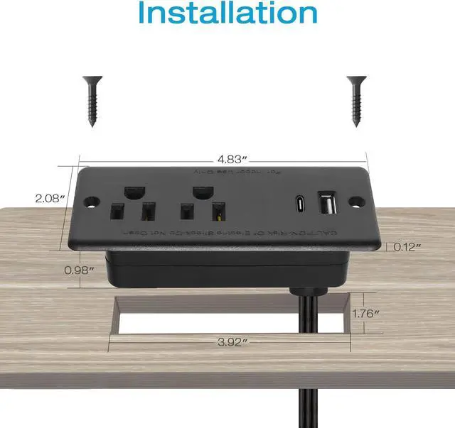 Alt view image 4 of 7 - 20W Recessed Power Strip Flat Plug, Desk Outlet with USB, Conference Recessed Power Outlet Socket with Fast Charging USB C, 10ft Power Cord for Furniture, Home, Office(Black)