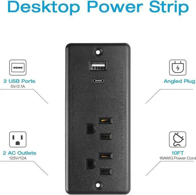 Alt view image 2 of 7 - 20W Recessed Power Strip Flat Plug, Desk Outlet with USB, Conference Recessed Power Outlet Socket with Fast Charging USB C, 10ft Power Cord for Furniture, Home, Office(Black)