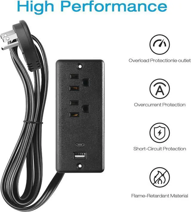 Alt view image 3 of 7 - 20W Recessed Power Strip Flat Plug, Desk Outlet with USB, Conference Recessed Power Outlet Socket with Fast Charging USB C, 10ft Power Cord for Furniture, Home, Office(Black)