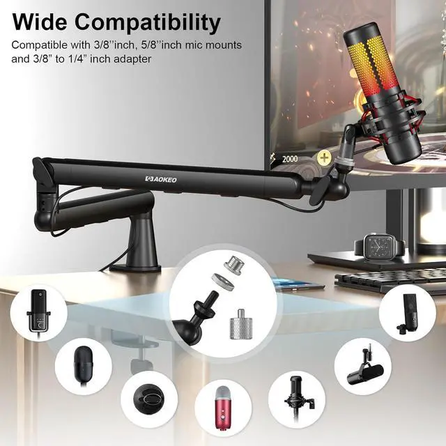 Alt view image 6 of 7 - Microphone Arm, AK-55 Desk Low Profile Adjustable Mic Boom Arm Stand,Suitable For Blue Yeti,Snowball iCE, HyperX QuadCast,SoloCast,Elgato Wave,Etc