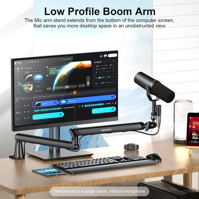 Alt view image 2 of 7 - Microphone Arm, AK-55 Desk Low Profile Adjustable Mic Boom Arm Stand,Suitable For Blue Yeti,Snowball iCE, HyperX QuadCast,SoloCast,Elgato Wave,Etc