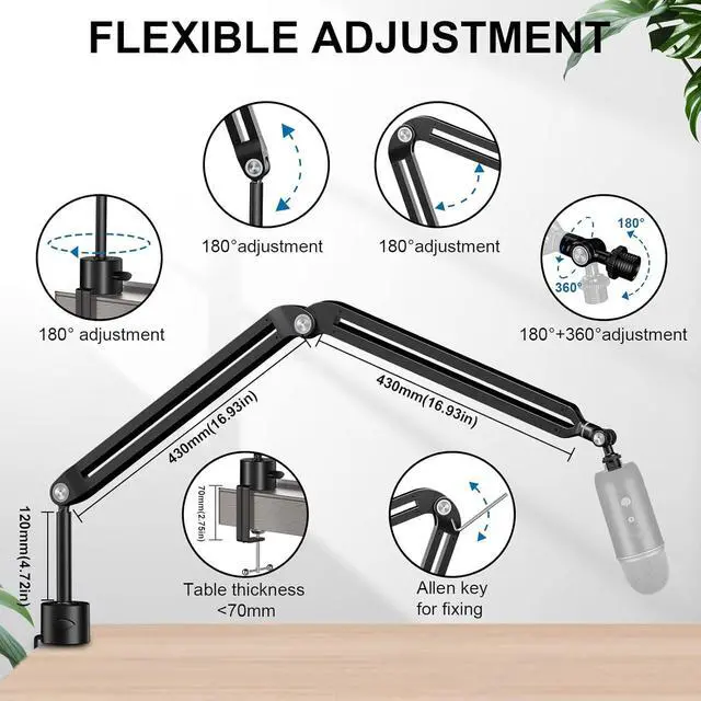 Alt view image 3 of 7 - Microphone Boom Arm, AK-45 Desk Adjustable Compact Mic Suspension Boom Scissor Arm Stand For Blue Yeti,Snowball iCE, HyperX QuadCast,SoloCast,Elgato Wave,Etc