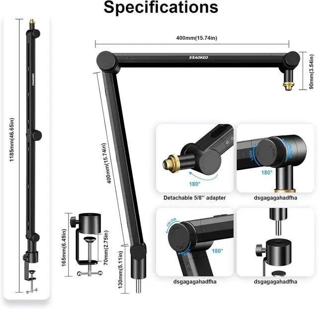 Alt view image 6 of 7 - Mic Arm, Boom Arm Microphone Stand Desk with Mount Clamp Cable Management Channels Detachable Riser 5/8" Thread Adapter for Blue Yeti Snowball Hyper X QuadCast SoloCast AT2020 Shure SM7B MV7