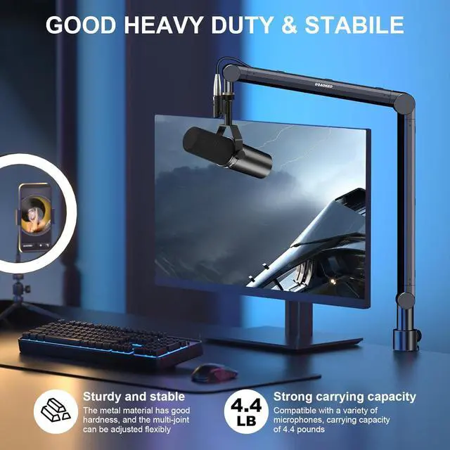 Alt view image 4 of 7 - Mic Arm, Boom Arm Microphone Stand Desk with Mount Clamp Cable Management Channels Detachable Riser 5/8" Thread Adapter for Blue Yeti Snowball Hyper X QuadCast SoloCast AT2020 Shure SM7B MV7
