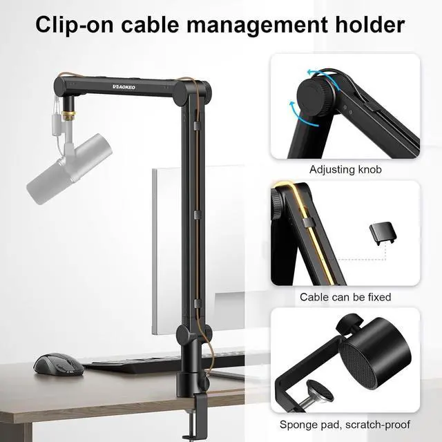 Alt view image 3 of 7 - Mic Arm, Boom Arm Microphone Stand Desk with Mount Clamp Cable Management Channels Detachable Riser 5/8" Thread Adapter for Blue Yeti Snowball Hyper X QuadCast SoloCast AT2020 Shure SM7B MV7