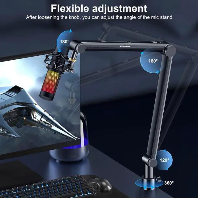 Alt view image 2 of 7 - Mic Arm, Boom Arm Microphone Stand Desk with Mount Clamp Cable Management Channels Detachable Riser 5/8" Thread Adapter for Blue Yeti Snowball Hyper X QuadCast SoloCast AT2020 Shure SM7B MV7