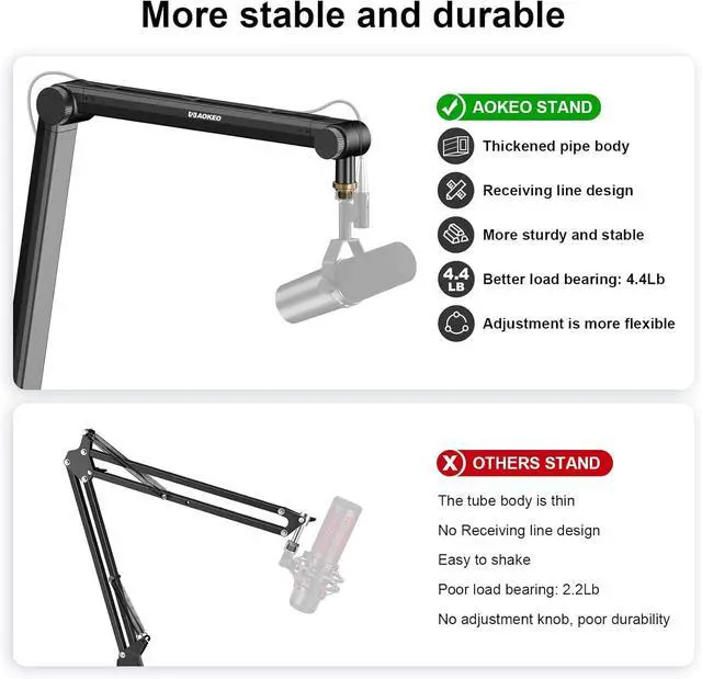 Alt view image 7 of 7 - Mic Arm, Boom Arm Microphone Stand Desk with Mount Clamp Cable Management Channels Detachable Riser 5/8" Thread Adapter for Blue Yeti Snowball Hyper X QuadCast SoloCast AT2020 Shure SM7B MV7