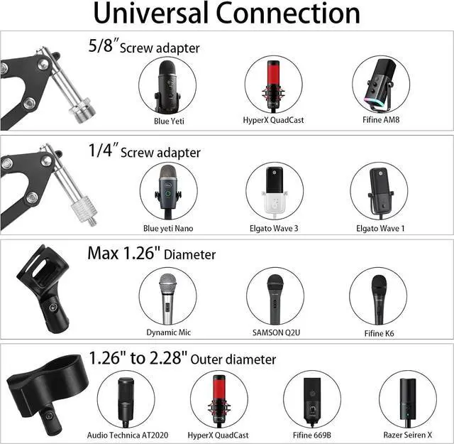 Alt view image 6 of 7 - Microphone Stand Mic Boom Arm for Blue Yeti HyperX QuadCast SoloCast Yeti Nano Snowball SM7B Q2U Fifine K669B and Other Mics, Overhead Mic Stand Desk Boom Arm with 5/8" 1/4" Adapter