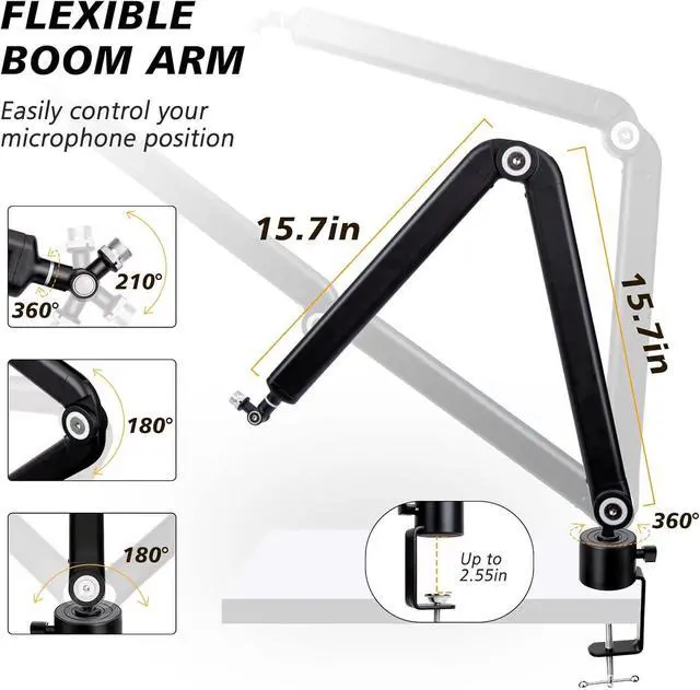 Alt view image 2 of 7 - Mic Stand Boom Arm - Microphone Arm Compatible with HyperX QuadCast, 360° Rotation Microphone Stand, Weighted Metal Mic Boom Arm for HyperX QuadCast,Blue Yeti,Shure MV7,Rode and Most Gaming