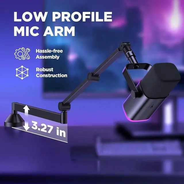 Alt view image 2 of 7 - Low Profile Mic Arm, 360° Rotatable Microphone Arm Stand Foldable Desk Mic Boom Arm with 3/8" to 5/8" Adapter for Fifine AM8 K669B Blue Yeti HyperX QuadCast SoloCast AT2020 and Other Mics