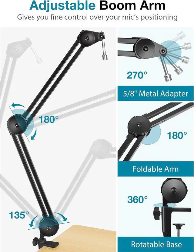 Alt view image 2 of 6 - Microphone Arm Stand, Heavy Duty Mic Arm Microphone Stand Suspension Scissor Boom Stands with Mic Clip and Cable Ties for Blue Yeti Snowball Hyper X QuadCast SoloCast Fifine Gaming (Medium)