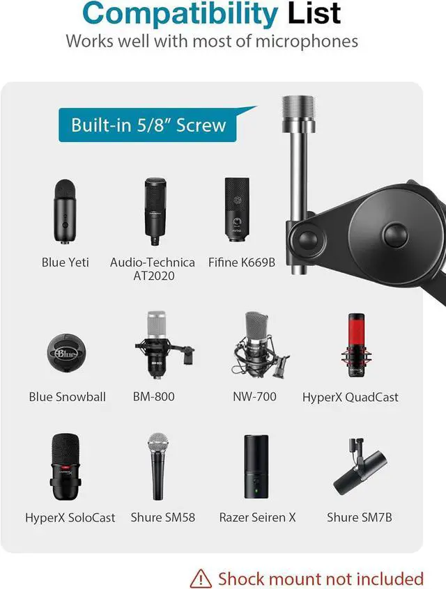 Alt view image 5 of 6 - Microphone Arm Stand, Heavy Duty Mic Arm Microphone Stand Suspension Scissor Boom Stands with Mic Clip and Cable Ties for Blue Yeti Snowball Hyper X QuadCast SoloCast Fifine Gaming (Medium)