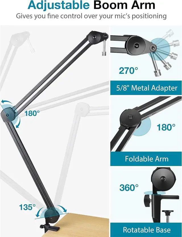 Alt view image 3 of 7 - Microphone Arm Stand, Heavy Duty Mic Arm Microphone Stand Suspension Scissor Boom Stands with Mic Clip and Cable Ties for Blue Yeti Snowball Hyper X QuadCast SoloCast Fifine Gaming(Large)
