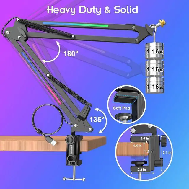 Alt view image 6 of 7 - RGB Microphone Arm Stand,Mic Arm with RGB Light for QuadCast/Blue Yeti/Snowball/Shure SM7B/Rode NT1/Elgato,Rotatable Suspension Boom Scissor Stand for Gaming Streaming Podcasting YouTube