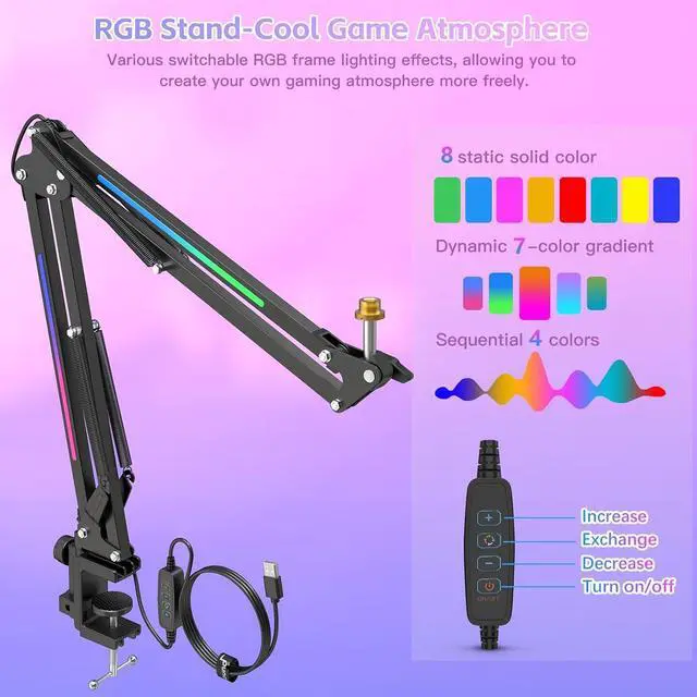 Alt view image 2 of 7 - RGB Microphone Arm Stand,Mic Arm with RGB Light for QuadCast/Blue Yeti/Snowball/Shure SM7B/Rode NT1/Elgato,Rotatable Suspension Boom Scissor Stand for Gaming Streaming Podcasting YouTube