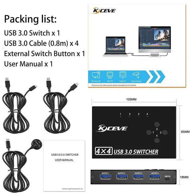 Alt view image 7 of 7 - USB 3.0 Switch Selector 4 Port,KVM Switcher 4 Computers Sharing 4 USB Devices,USB Peripheral Switcher for Keyboard Mouse Printer Scanner,with Wired Remote Button and 4 USB 3.0 Cable