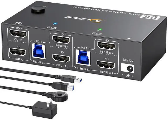 Main image of 8K HDMI KVM Switch 2 Monitors 2 Computers 8K@60Hz 4K@144Hz,USB 3.0 Dual Monitor KVM Switch for 2 Computer Share 2 Monitor and 4 USB3.0 HUB,Wired Remote,12V Power Adapter and USB Cable Included