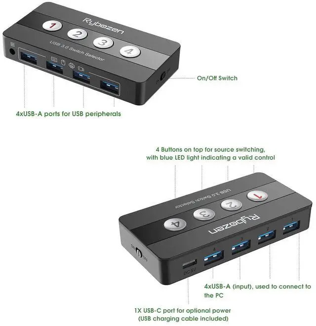 Alt view image 6 of 7 - USB 3.0 Switch Selector, 4 Port KVM Switch USB Peripheral Switcher Box, 4 Computers Sharing 4 USB Devices, Button Switch & Remote Control