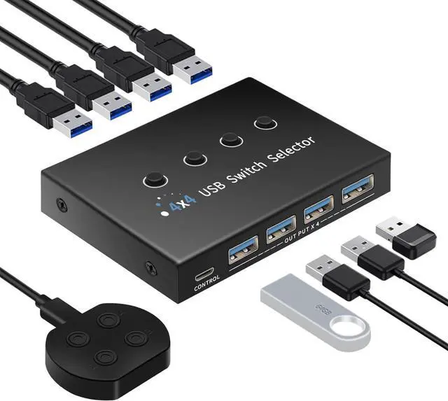 Main image of USB 3.0 Switch 4 Computers 3 Computers Keyboard Mouse,4 Port USB Switcher Sharing Mouse Keyboard Scanner Printer, Includes Cables and Remote