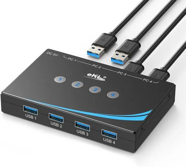 Main image of USB 3.0 Switch 4 Computers Share 4 USB 3.0 Ports USB Switcher for PC Laptop Mouse Keyboard Scanner Printer One Button Switch with 3.5mm Headphone Jack and 4 Pack Cables