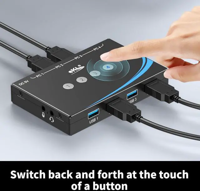 Alt view image 3 of 7 - USB 3.0 Switch 4 Computers Share 4 USB 3.0 Ports USB Switcher for PC Laptop Mouse Keyboard Scanner Printer One Button Switch with 3.5mm Headphone Jack and 4 Pack Cables