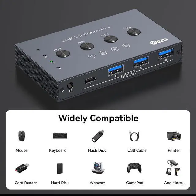 Alt view image 5 of 7 - 10Gbps USB 3.2 Switch 4 Computers Share 4 Peripherals 4 Port USB Switcher for Mouse Keyboard Printer with Remote and Cables