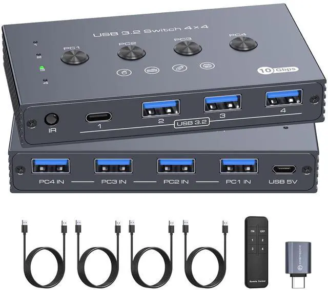 Main image of 10Gbps USB 3.2 Switch 4 Computers Share 4 Peripherals 4 Port USB Switcher for Mouse Keyboard Printer with Remote and Cables